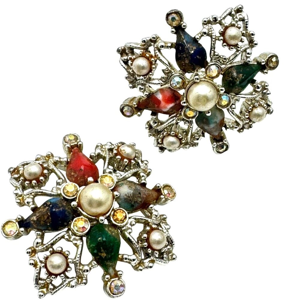 Sarah Coventry Galaxy Clip-On Earrings Cabochons Faux Pearls AB Rhinestones Vtg